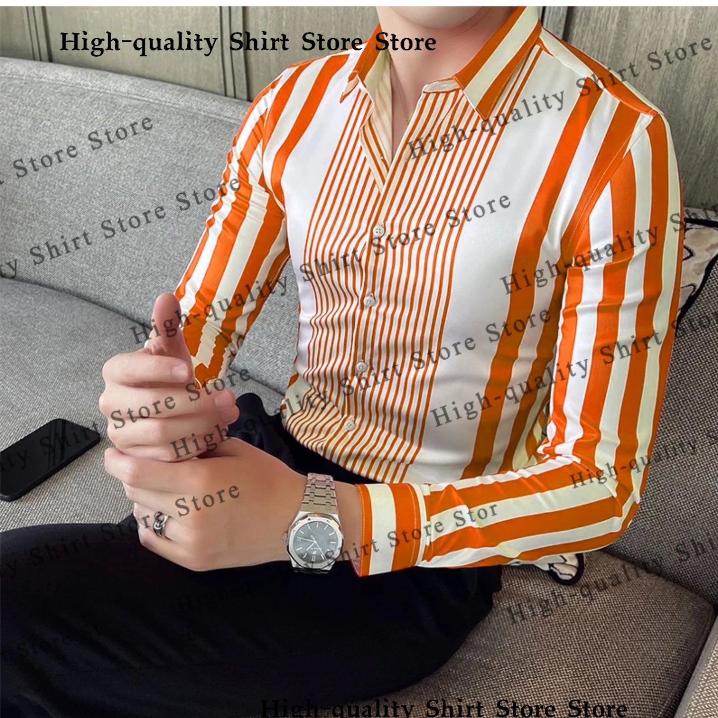 Multi colored striped men's shirt casual breathable plus size men's clothing sports comfortable fabric long sleeved shirt collar