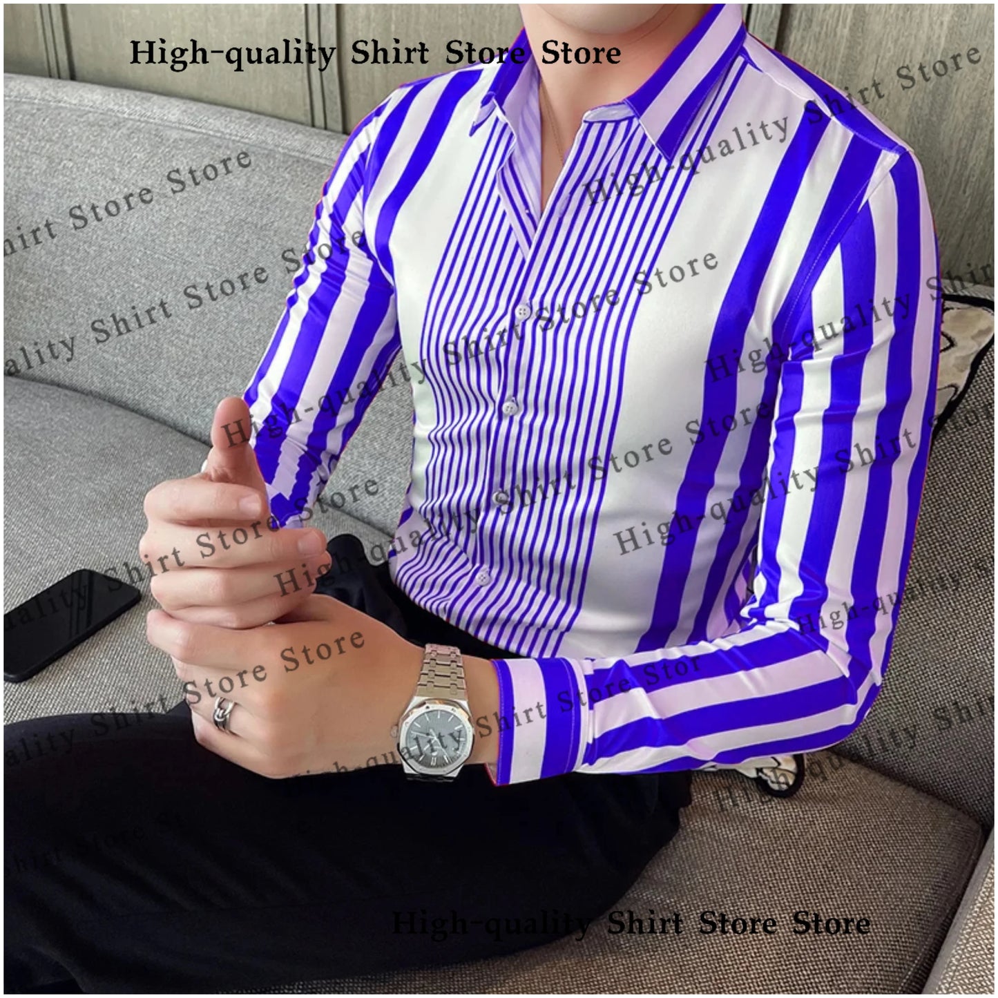 Multi colored striped men's shirt casual breathable plus size men's clothing sports comfortable fabric long sleeved shirt collar