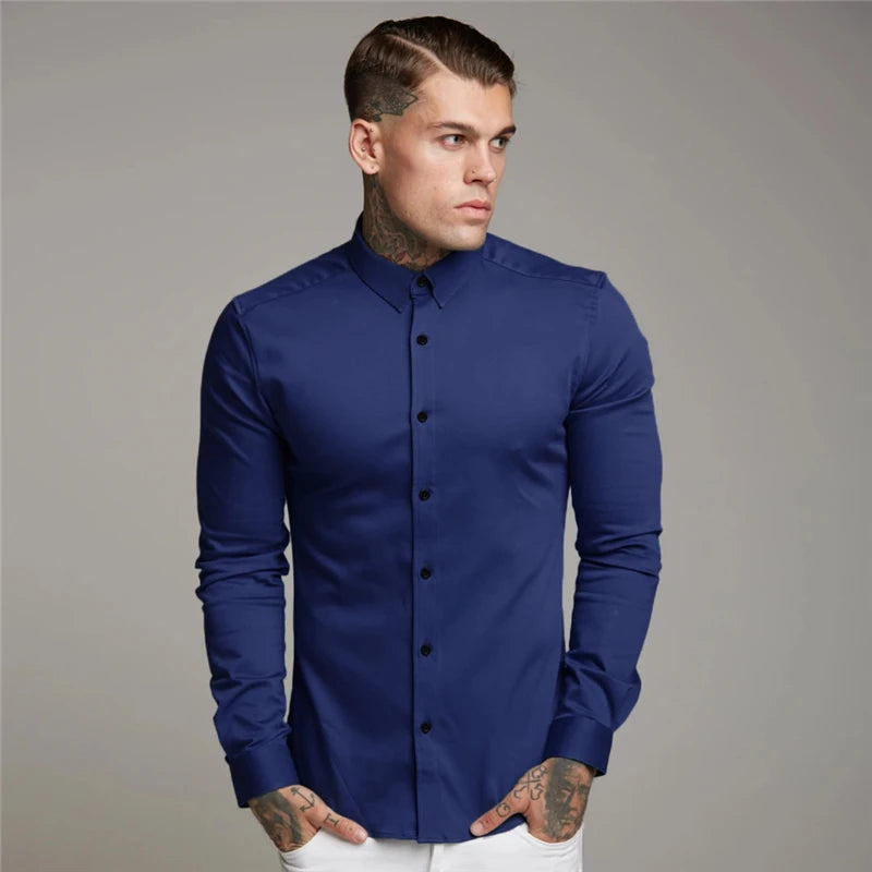 Autumn Fashion Long Sleeve Shirt Mens Spring Super Slim Fit Casual Social Business Dress Shirt Men Gym Fitness Sports Clothing