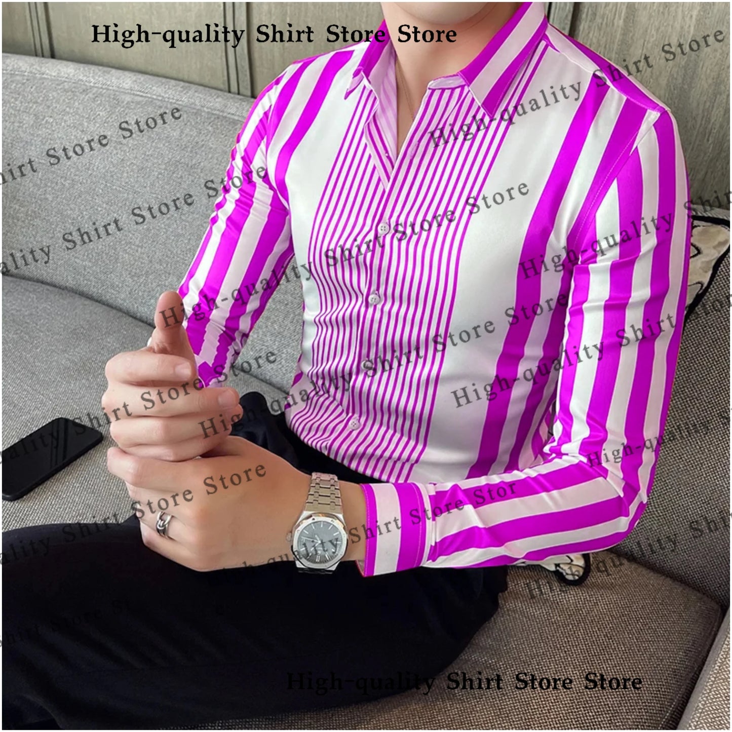 Multi colored striped men's shirt casual breathable plus size men's clothing sports comfortable fabric long sleeved shirt collar