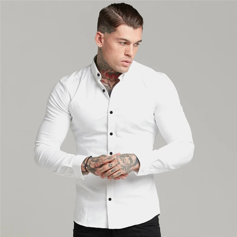 Autumn Fashion Long Sleeve Shirt Mens Spring Super Slim Fit Casual Social Business Dress Shirt Men Gym Fitness Sports Clothing