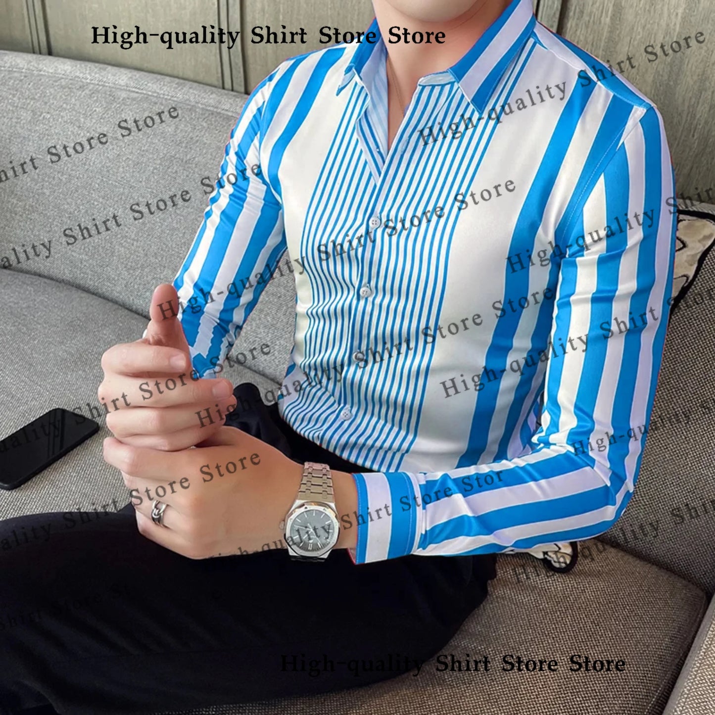 Multi colored striped men's shirt casual breathable plus size men's clothing sports comfortable fabric long sleeved shirt collar