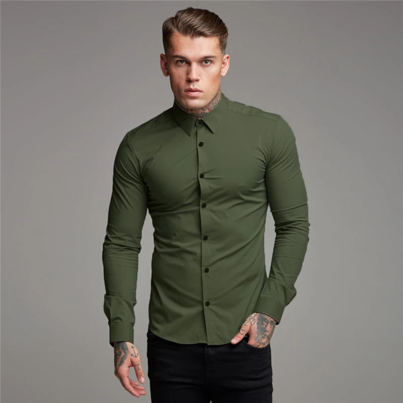 Autumn Fashion Long Sleeve Shirt Mens Spring Super Slim Fit Casual Social Business Dress Shirt Men Gym Fitness Sports Clothing