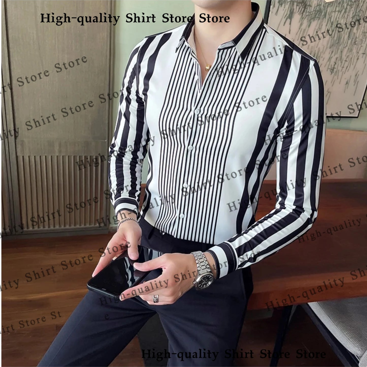 Multi colored striped men's shirt casual breathable plus size men's clothing sports comfortable fabric long sleeved shirt collar