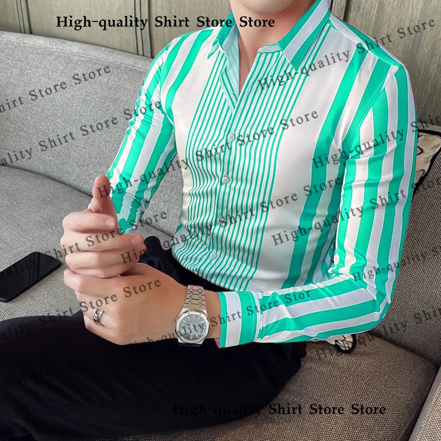 Multi colored striped men's shirt casual breathable plus size men's clothing sports comfortable fabric long sleeved shirt collar